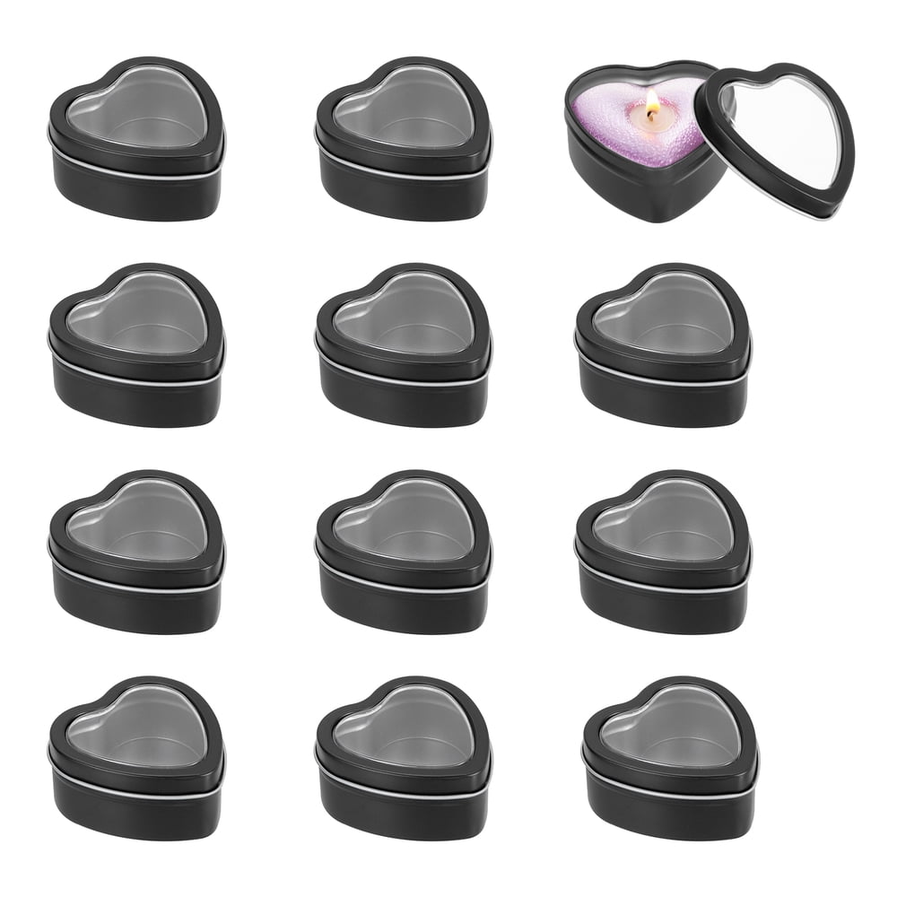Heart-Shaped Candle Tins, 6 oz 12-Pack, Black with Clear Window Lid, Empty for Candle Making product photo