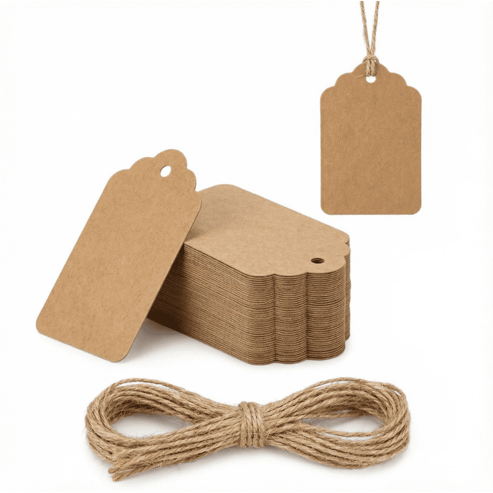 Kraft Hang Tags with String, 100-Pack Blank Scalloped Gift & Candle Labels  product photo
