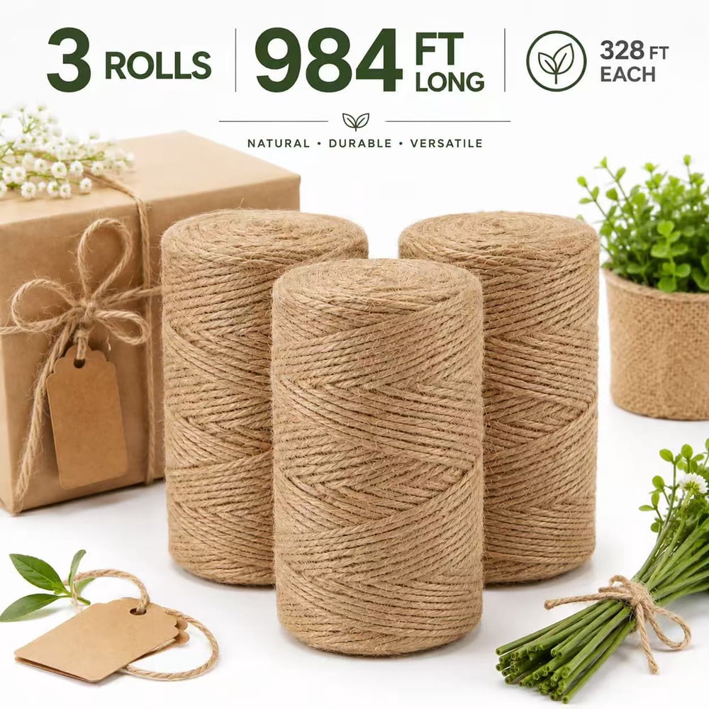 Natural Jute Twine Cord, 3 Rolls / 984 ft Total Craft & Candle Packaging String  product photo