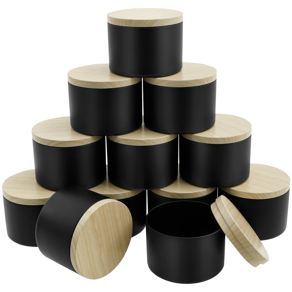 Candle Tins, 8 oz 12-Pack Black with Wood-Look Lids for Candle Making, Empty  product photo
