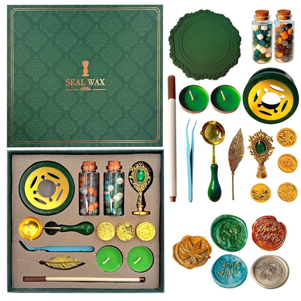 Brass Wax Seal Stamp Kit with Sealing Wax Beads, Melting Spoon & Tea Lights, Green Gift Box  product photo