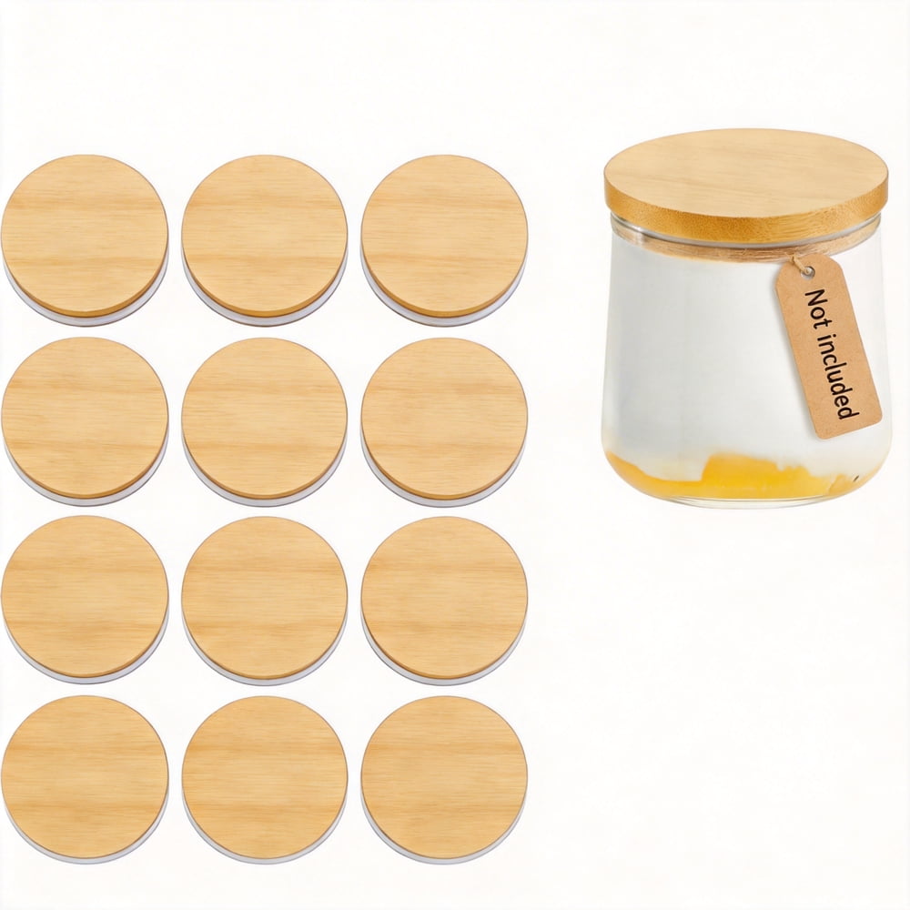 Round Bamboo Candle Jar Lids, 12-Pack Replacement Wood Tops with Silicone Seal Ring  product photo