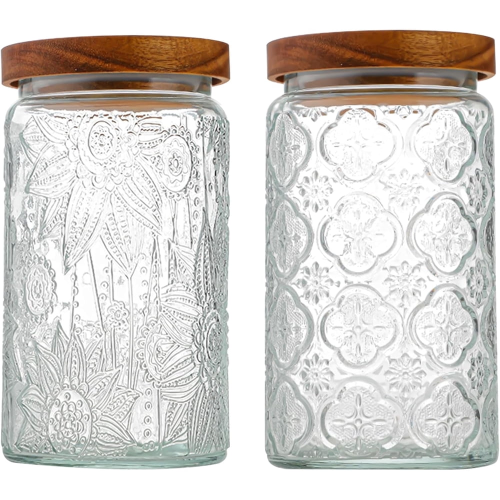Embossed Glass Candle Vessels with Wood Lids, 2-Pack Vintage Relief Jars, Clear  product photo
