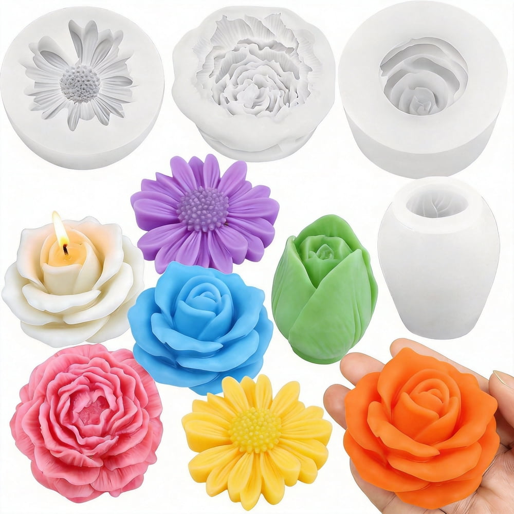 Silicone Flower Candle Mold Set, 3D Daisy Rose & Peony Reusable Molds for DIY Candle Making  product photo