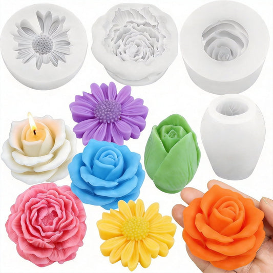 Silicone Flower Candle Mold Set, 3D Daisy Rose & Peony Reusable Molds for DIY Candle Making  product photo