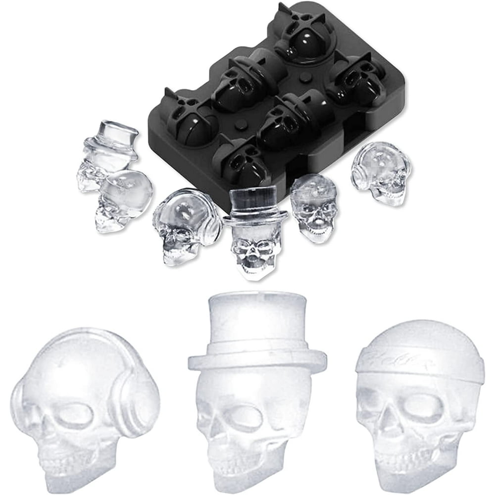 3D Skull Silicone Mold, 6-Cavity Black Tray with Hat & Headphone Styles for Candle Wax  product photo