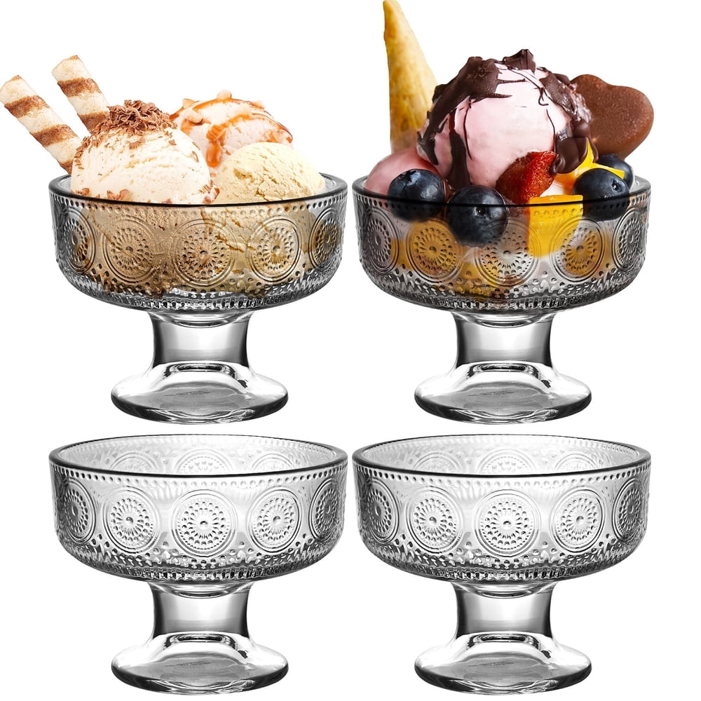 Footed Glass Candle Vessels, 7 oz 4-Pack Clear Pedestal Cups with Embossed Vintage Pattern  product photo